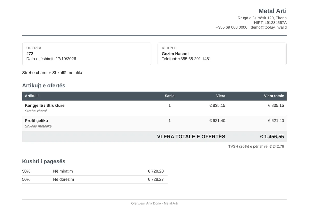 Oferta në PDF me emrin dhe ngjyrën e biznesit