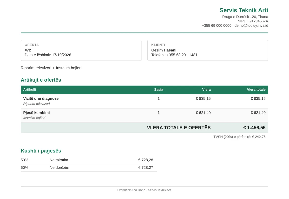 Oferta në PDF me emrin dhe ngjyrën e servisit