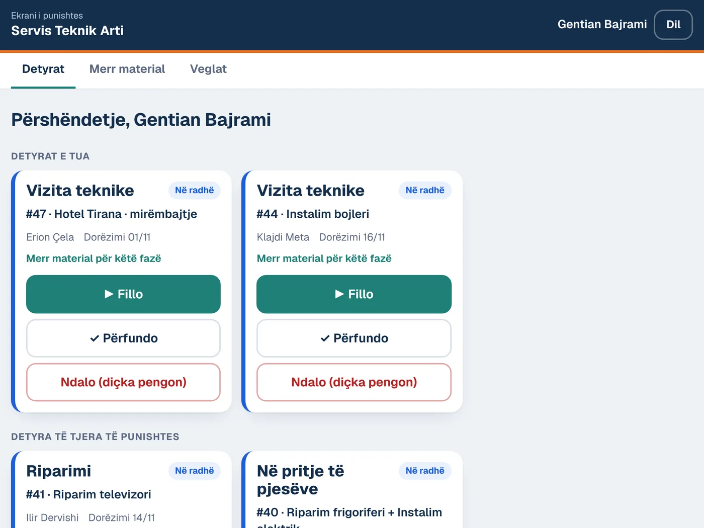 Ekrani i punës për Servis teknik dhe instalime